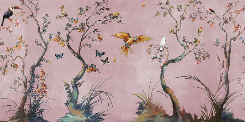 Fototapet - Păsări și copaci tropicali pe un fundal roz