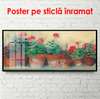 Poster - Pots of red flowers on the windowsill, 90 x 45 см, Framed poster on glass