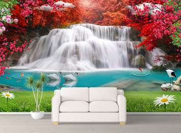 Wall Mural - Rocky waterfall in deep autumn forest