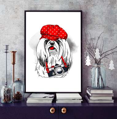Poster - White small dog with a red cap, 60 x 90 см, Framed poster, Minimalism