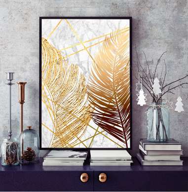 Poster - Frunze de aur pe un fundal de marmură 1, 60 x 90 см, Poster înrămat, Botanică
