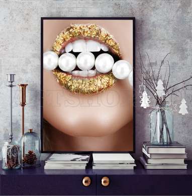 Poster - Buze aurii, 30 x 60 см, Panza pe cadru, Glamour