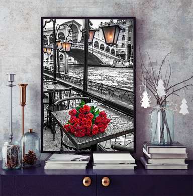 Poster - Trandafiri roșii în orașul alb-negru, 30 x 45 см, Panza pe cadru