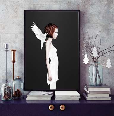 Poster - Girl and white dove, 30 x 45 см, Canvas on frame, Black & White