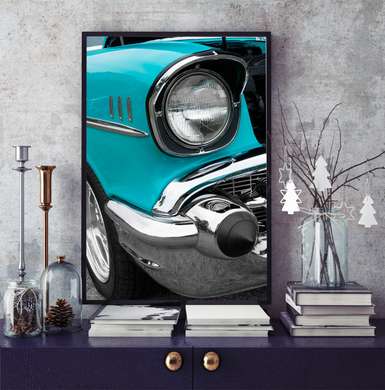 Poster - Blue retro car, 45 x 90 см, Framed poster, Transport