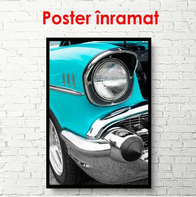 Poster - Mașină retro albastră, 45 x 90 см, Poster înrămat, Transport