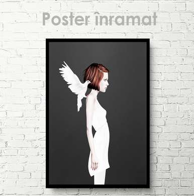 Постер - Девушка и белый голубь, 30 x 45 см, Холст на подрамнике, Черно Белые