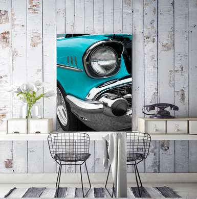 Poster - Mașină retro albastră, 45 x 90 см, Poster înrămat, Transport
