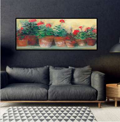 Poster - Ghivece cu flori roșii pe pervaz, 90 x 45 см, Poster inramat pe sticla