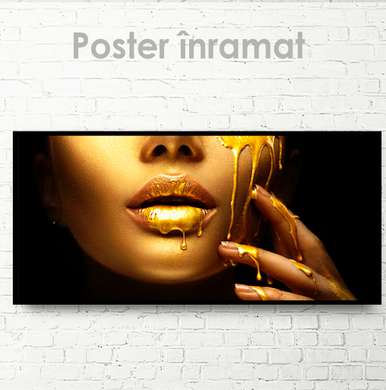 Poster - Buze și picături de aur, 150 x 50 см, Poster inramat pe sticla