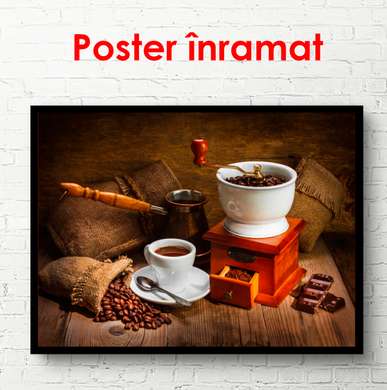 Poster - White cup of coffee on the table against the background of a coffee grinder, 90 x 60 см, Framed poster, Food and Drinks