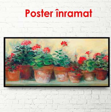 Poster - Pots of red flowers on the windowsill, 90 x 45 см, Framed poster on glass