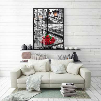 Постер - Красные розы в черно белом городе, 60 x 90 см, Постер на Стекле в раме, Города и Карты
