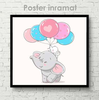 Poster - Elephant with balloons, 100 x 100 см, Framed poster on glass, For Kids