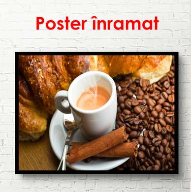 Poster - Delicious coffee with coffee beans, 90 x 60 см, Framed poster, Food and Drinks