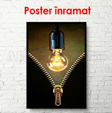 Постер - Молния и лампочка, 45 x 90 см, Постер на Стекле в раме, Разные