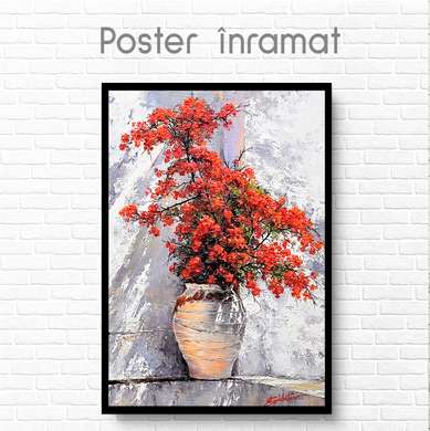 Poster - Red flowers in a vase, 60 x 90 см, Framed poster on glass, Flowers
