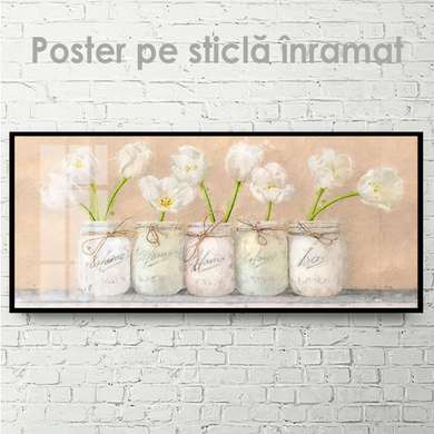Постер - Белые тюльпаны в вазах, 60 x 30 см, Холст на подрамнике, Цветы
