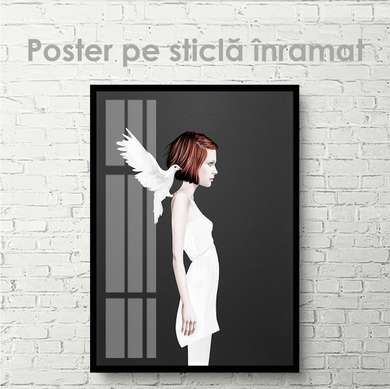 Poster - Girl and white dove, 30 x 45 см, Canvas on frame, Black & White