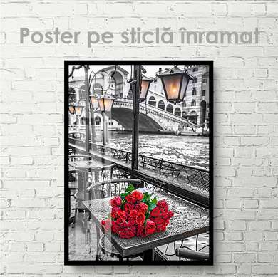 Poster - Red roses in a black and white city, 60 x 90 см, Framed poster on glass, Maps and Cities