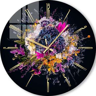 Glass clock - Flowers on a black background, 40cm