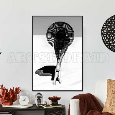 Poster - Black & White Woman with Hat, 60 x 90 см, Framed poster on glass, Nude