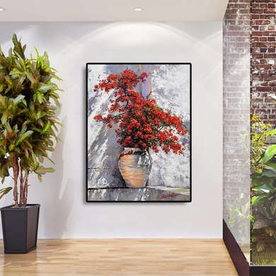 Poster - Flori roșii într-o vază, 60 x 90 см, Poster inramat pe sticla