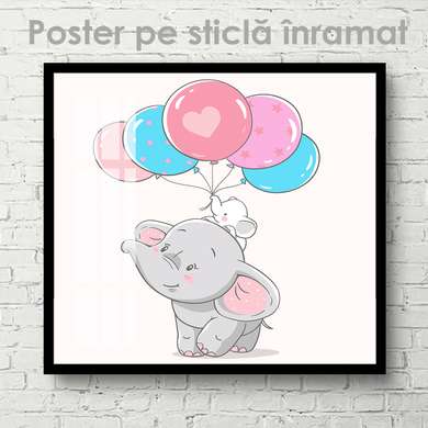 Poster - Elefant cu baloane, 100 x 100 см, Poster inramat pe sticla