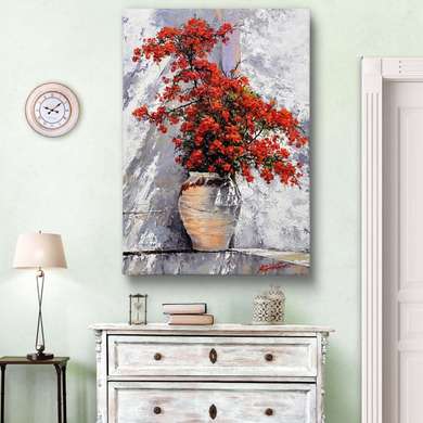 Постер - Красные цветы в вазе, 30 x 45 см, Холст на подрамнике