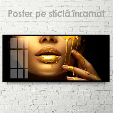 Poster - Buze și picături de aur, 150 x 50 см, Poster inramat pe sticla