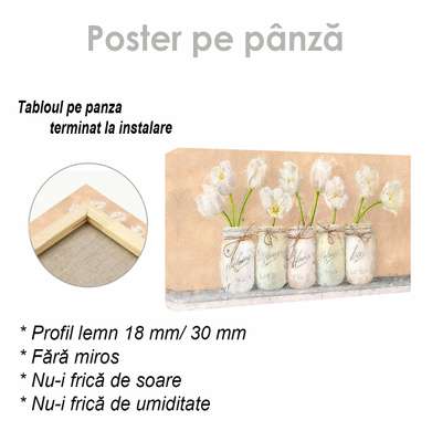 Poster - Lalele albe în vaze, 60 x 30 см, Panza pe cadru, Flori