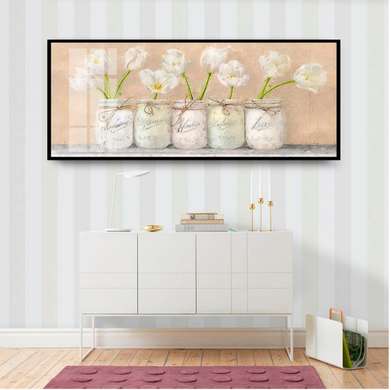 Постер - Белые тюльпаны в вазах, 60 x 30 см, Холст на подрамнике, Цветы