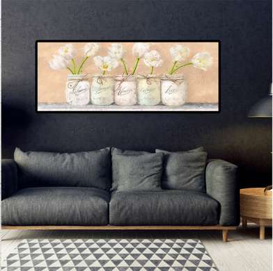 Poster - Lalele albe în vaze, 60 x 30 см, Panza pe cadru, Flori