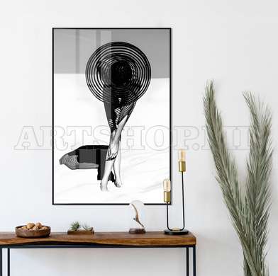 Poster - Black & White Woman with Hat, 60 x 90 см, Framed poster on glass, Nude