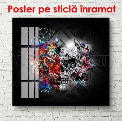 Poster - Craniu abstract și cap de tigru, 100 x 100 см, Poster inramat pe sticla, Pentru Copii