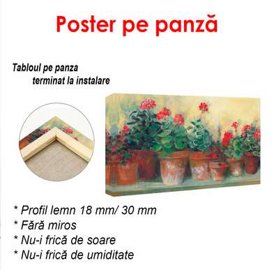 Постер - Горшки с красными цветами на подоконнике, 90 x 45 см, Постер на Стекле в раме