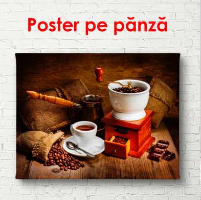 Poster - White cup of coffee on the table against the background of a coffee grinder, 90 x 60 см, Framed poster, Food and Drinks