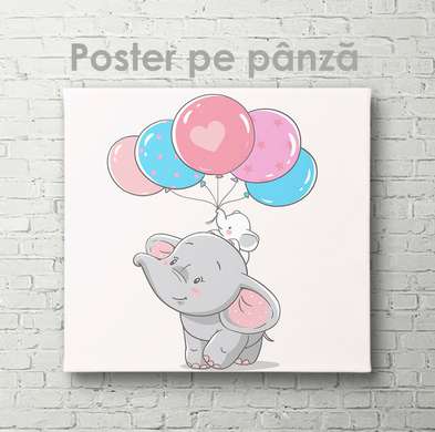 Poster - Elefant cu baloane, 100 x 100 см, Poster inramat pe sticla