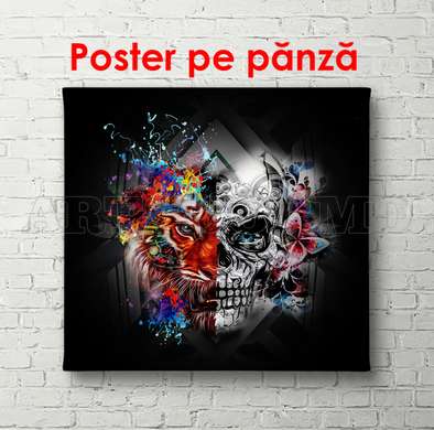 Poster - Craniu abstract și cap de tigru, 40 x 40 см, Panza pe cadru, Pentru Copii