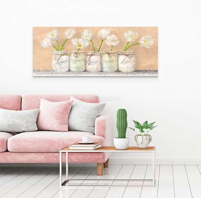 Poster - White tulips in vases, 60 x 30 см, Canvas on frame, Flowers