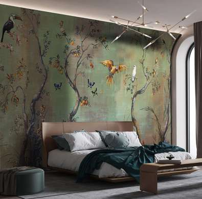 Wall Mural - Tropical birds and trees on a green background