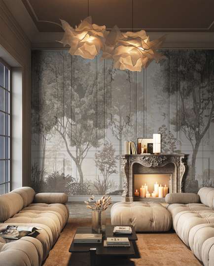Wall mural - The forest in brown shades on the background of the classic wall
