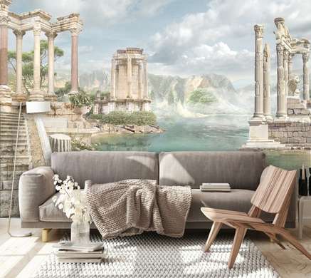 Fototapet - Coloane romane antice la malul lacului