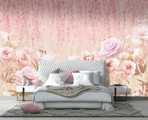 Fototapet - Compoziție din flori roz Crini și trandafiri