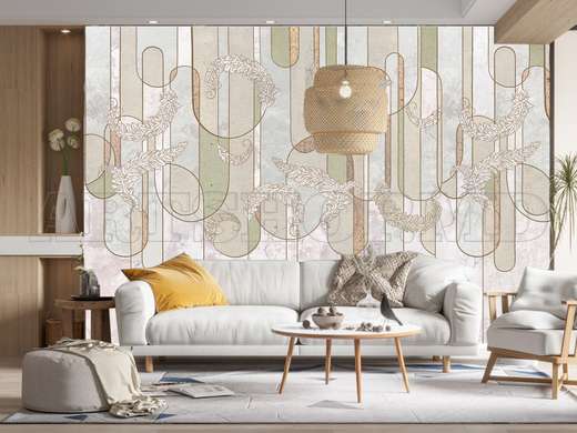 Wall Mural - Leaves and abstract wall in beige tones