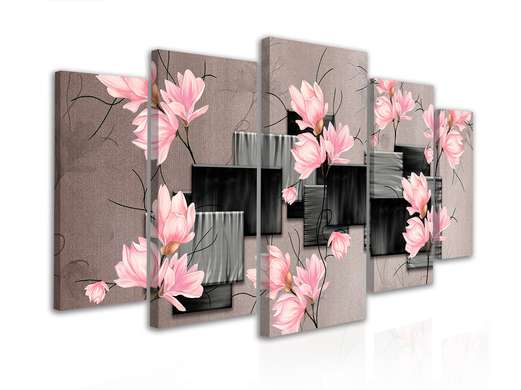 Modular picture, Pink magnolia flowers and cubes on an abstract background, 108 х 60