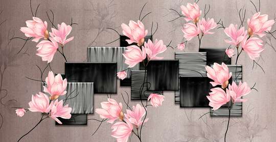 Modular picture, Pink magnolia flowers and cubes on an abstract background, 108 х 60