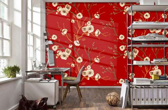 Wall Mural - Twigs with flowers on a red background