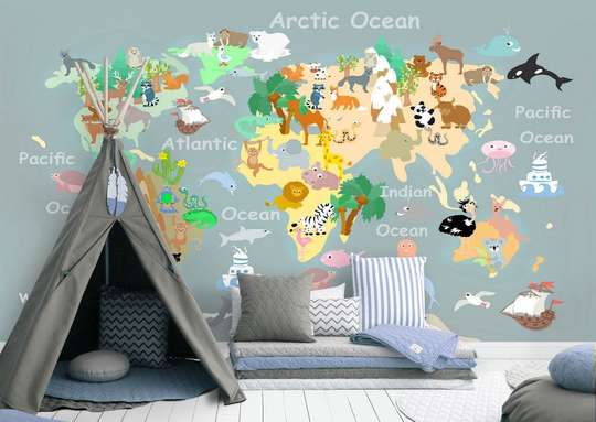 Wall Mural - Children's map of the world on a gray background