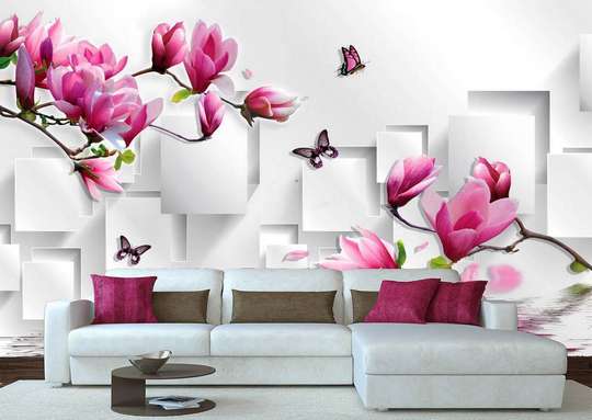 Фотообои - Розовые цветы и бабочки на абстрактном фоне